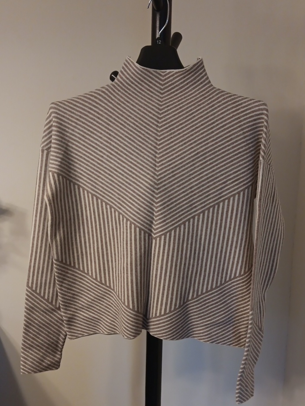 Striped High-Neck Women’s Sweater in Beige and White